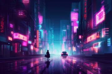 Futuristic cyberpunk city full of neon lights - illustration, Generative AI