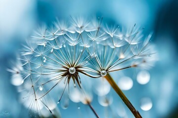  In the world of macro photography, a dandelion seed becomes a breathtaking marvel with a shiny dew water drop generative ai technology
