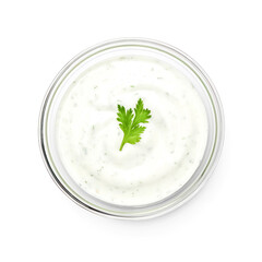 Ranch sauce in saucer top view isolated on transparent background