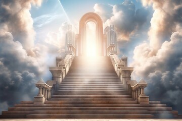 Fototapeta Steps to Heaven, a  staircase in the clouds leads to the gates of Heaven  obraz
