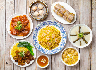 salted lean pork and preserved egg congee, rice noodle rolls filled with twisted cruller, shrimp fried rice, steam shrimp dumplings, pig feet beancurd, wonton noodles soup isolated hong kong food