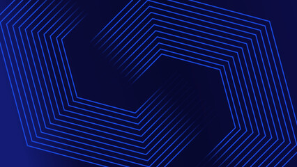 Abstract Blue Geometric Lines on Dark Blue Background, A Futuristic Technology Concept. Modern Blue Hexagon Lines Pattern with Geometric Stripe Line Art Design. Vector Illustration.