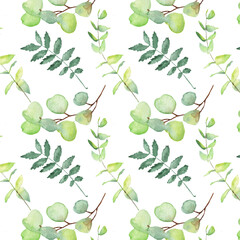 Seamless pattern green leaves trees and branches, foliage of natural branches, green leaves, herbs, tropical plants hand drawn watercolor on white background.