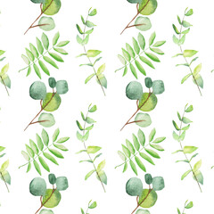 Seamless pattern green leaves trees and branches, foliage of natural branches, green leaves, herbs, tropical plants hand drawn watercolor on white background.