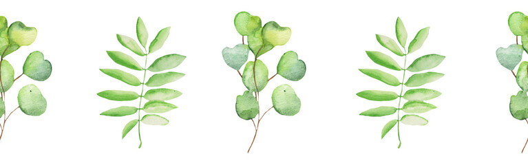 Seamless border green leaves trees and branches, foliage of natural branches, green leaves, herbs, tropical plants hand drawn watercolor on white background.