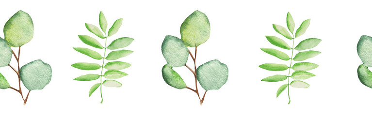 Seamless border green leaves trees and branches, foliage of natural branches, green leaves, herbs, tropical plants hand drawn watercolor on white background.