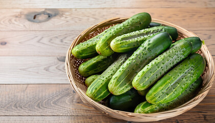 Cucumber basket on wooden background