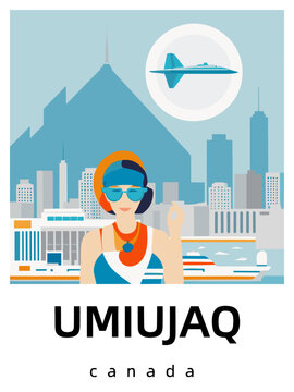 Umiujaq: Flat design tourism poster with a cityscape of Umiujaq (Canada)
