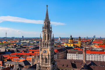 Panoramic view of Munich city and Rathaus . Munich old town view from above