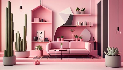 modern living room with sofa with pink wall
