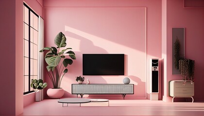 modern living room with sofa with pink wall