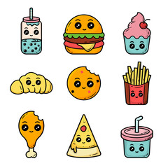 Set of Colorful Icon Fast Food Kawaii Doodle