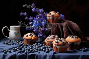 artful arrangement of muffins and blueberries