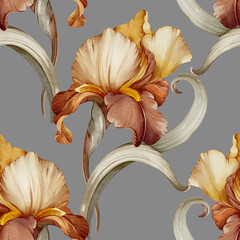 Wallpaper with irises. Seamless pattern with garden flowers. - 629850411