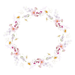 Summer wreath with wild flowers isolated on white background