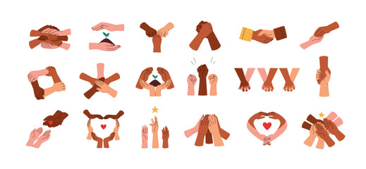 Diverse hands holding together, groups, heart and circle shaped. Team cooperation, partnership, community, support, trust concept. Flat graphic vector illustrations isolated on white background