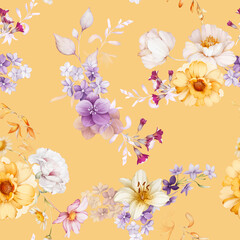 Seamless pattern with wildflowers in a watercolor style. Summer bouquet - 629850477