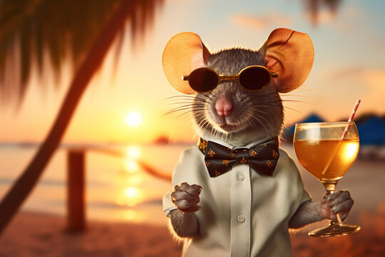 Ai generated image of mouse with a drink on the beach