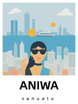 Aniwa: Flat design tourism poster with a cityscape of Aniwa (Vanuatu)
