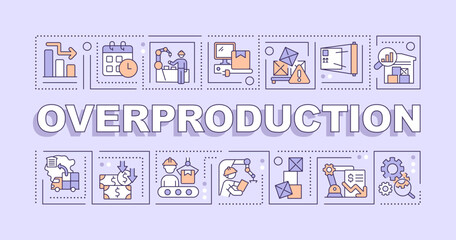 Overproduction text with various line icons on purple monochromatic background, 2D vector illustration.