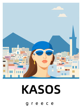 Kasos: Flat design tourism poster with a cityscape of Kasos (Greece)