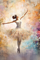 Ballerina dancing, painting style in vivid colors. AI generative, illustration.