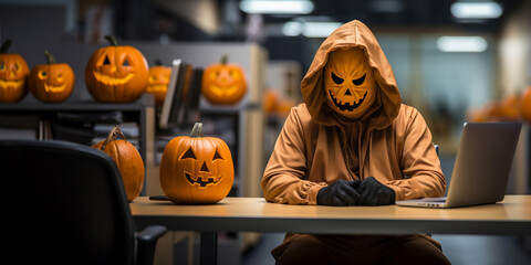People wear Halloween mask in office, celebrating happy Halloween concept, generative AI