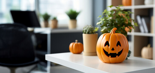 Halloween decoration in office with jack o lantern pumpkin, generative AI