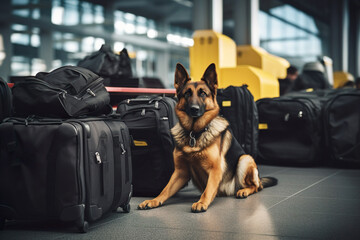 Ai generated image of a dog with luggage on the airport