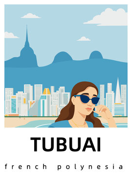 Tubuai: Flat design tourism poster with a cityscape of Tubuai (French Polynesia)