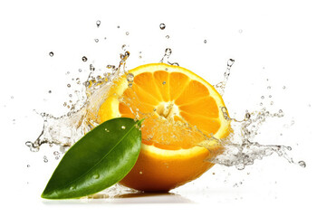 Fresh orange fruit Isolated with sliced and green leaves on white background , Created with Generative Ai Technology