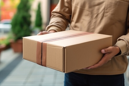 Man holding parcel for delivery to customer house. Ai generative.