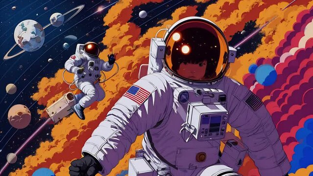 Astronaut in a spacesuit flies in deep space animation. Dreamy cosmic animation, bright colors illustrations, transformations and metamorphose. AI generated video