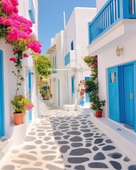 Fototapeta na wymiar narrow street in a greek village with white houses and blue shutters - created using generative AI tools