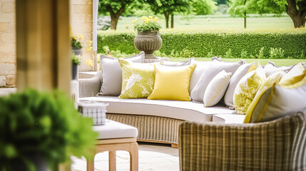 Garden furniture in the countryside in summer, home decor and interior design, generative ai