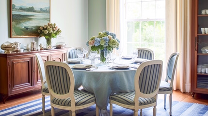 Dining room decor, interior design and house improvement, elegant table with chairs, furniture and classic blue home decor, country cottage style