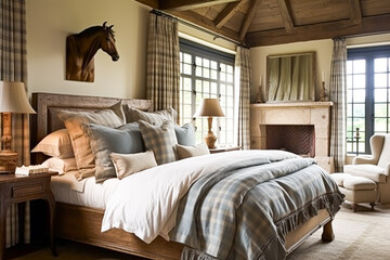 Bedroom decor, interior design and holiday rental, classic bed with elegant plush bedding and furniture, English country house and cottage style