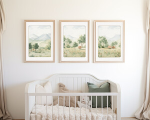 Fototapeta na wymiar Nursery gallery wall, home decor and wall art, framed art in the English country cottage interior, room for diy printable artwork mockup and print shop