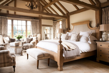 Bedroom decor, interior design and holiday rental, classic bed with elegant plush bedding and furniture, English country house and cottage style