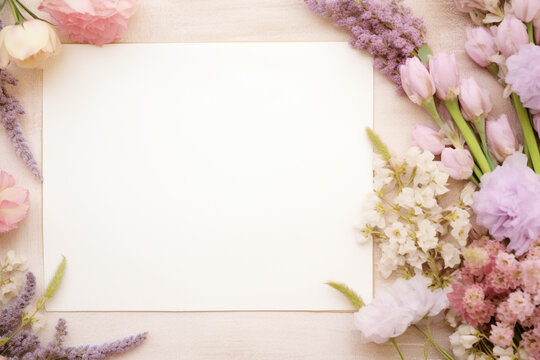 Blank paper and flowers on country background for printable art, paper, stationery and greeting card mockup