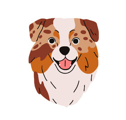 Aussie breed, Australian shepherd dog avatar. Cute puppy head, canine animal portrait. Herding doggy, adorable happy pup, funny muzzle. Flat graphic vector illustration isolated on white background