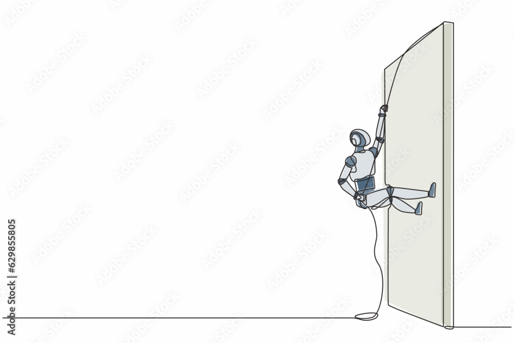 Poster single continuous line drawing robot climbing over wall with rope. modern robotic artificial intelli