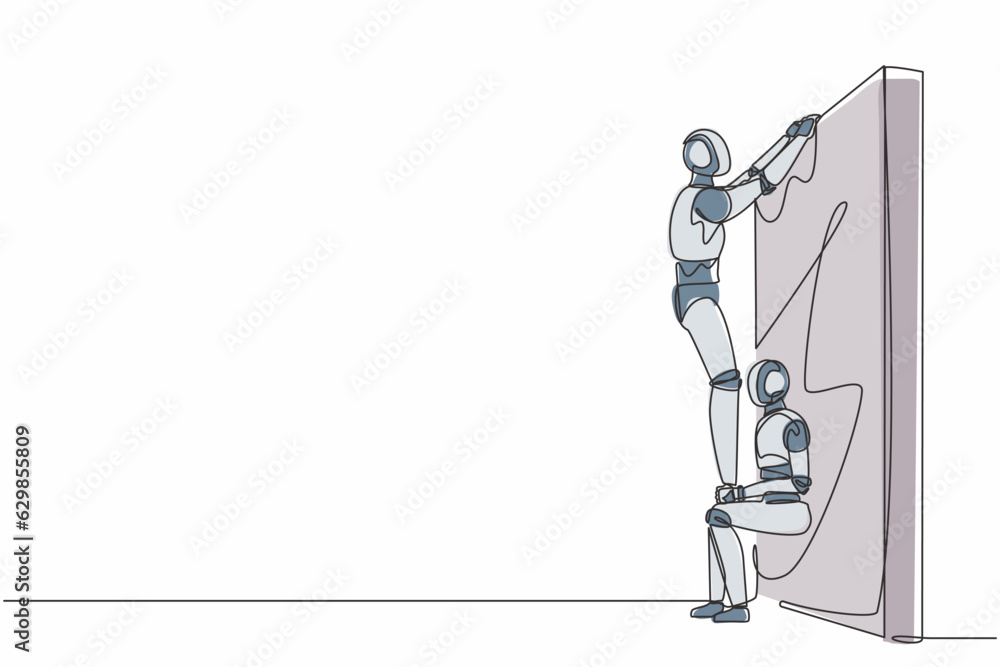 Poster single one line drawing robot helping to lift another robot over brick wall. help, assistance. futur