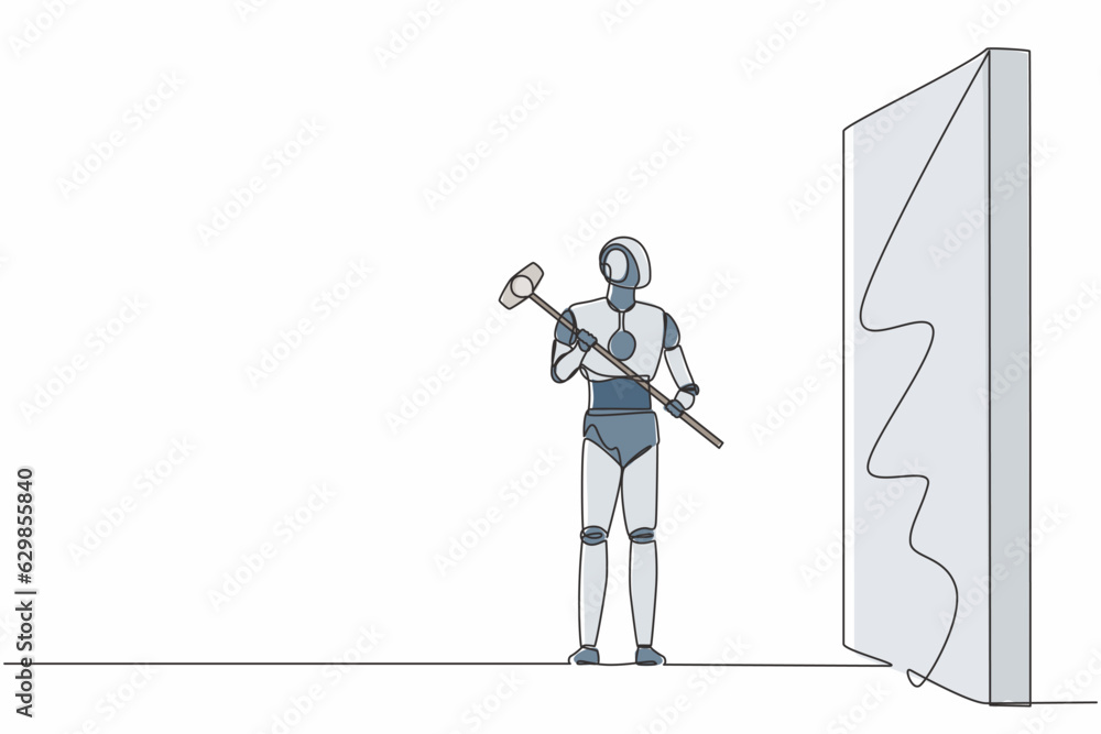 Poster continuous one line drawing robot standing and holding big hammer while facing wall. humanoid robot 