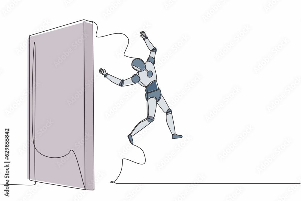 Poster continuous one line drawing robot managed to jump over the wall. get new experience. humanoid robot 