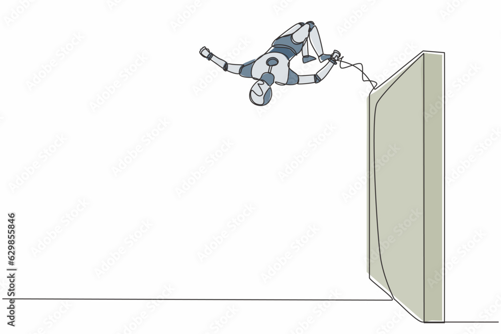 Aufkleber single continuous line drawing robot jumping over brick wall with acrobatic style. modern robotic ar
