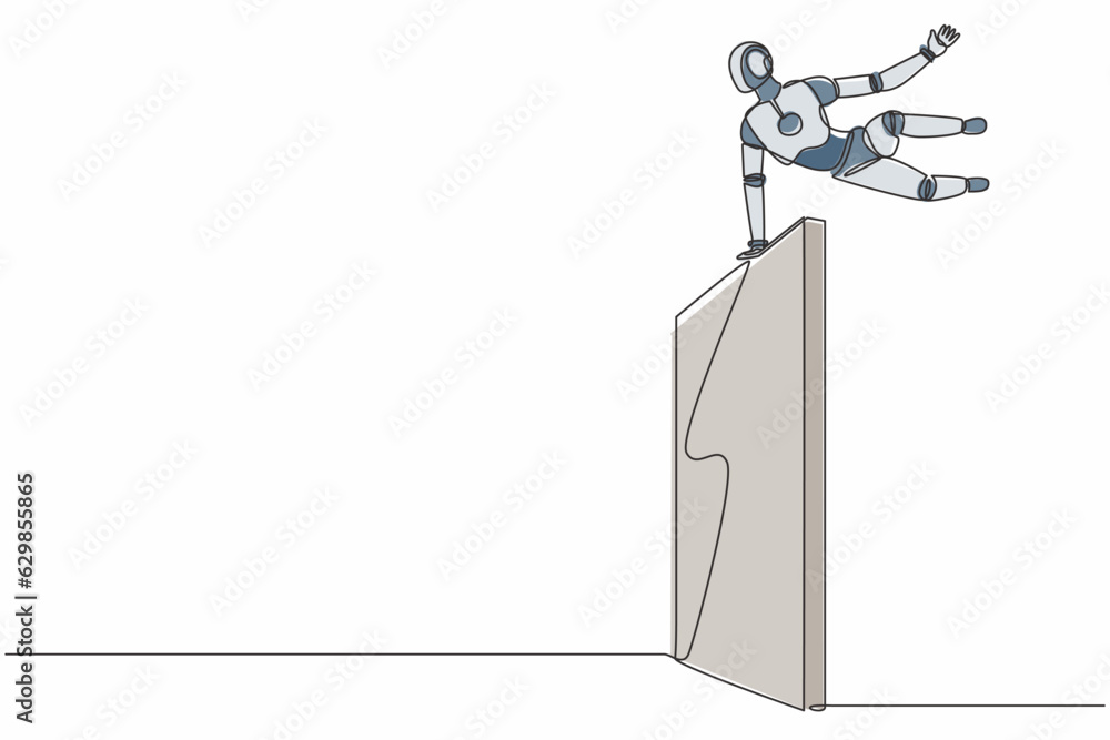 Aufkleber single one line drawing robot jumps over wall, outside comfort zone. future technology. artificial i