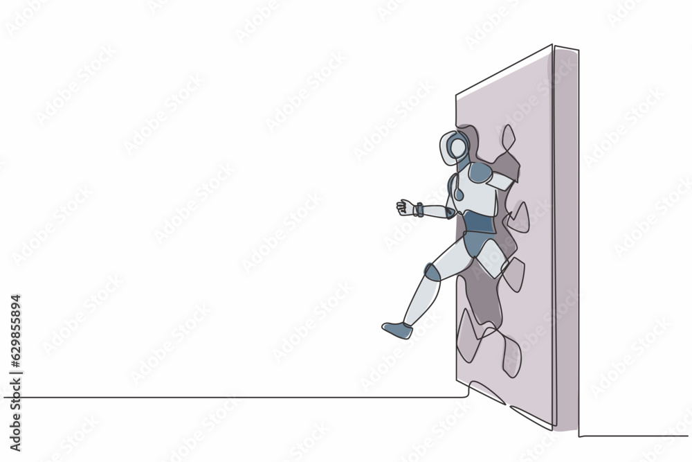 Poster single one line drawing robot run and breaking through brick wall. future technology development. ar