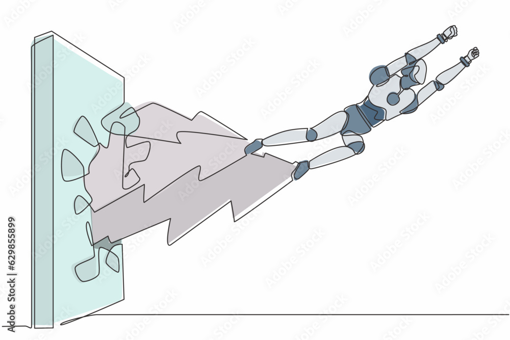 Poster continuous one line drawing robot punches and breaks the wall. flying robot breaks the wall. humanoi
