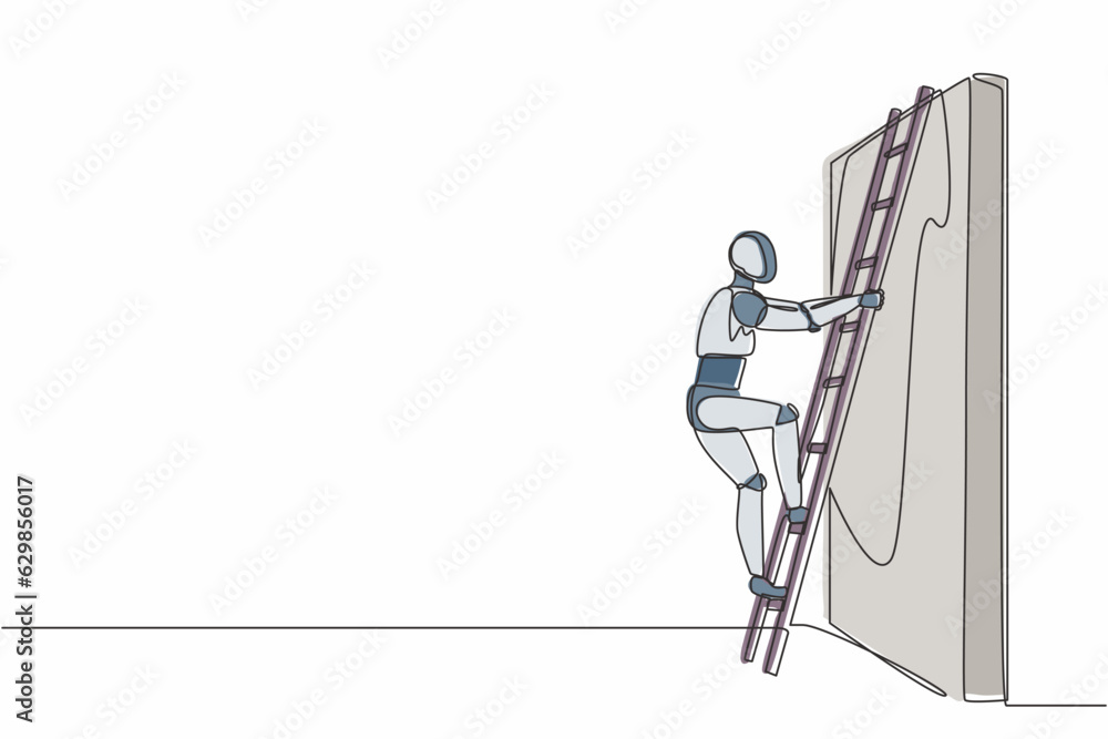 Poster single continuous line drawing robot climbing up the wall with ladder. business obstacle metaphor. r